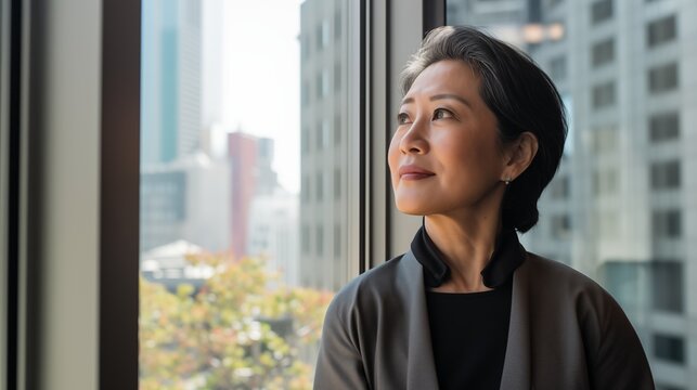 mature optimistic asian businesswoman woman female executive CEO in corporate modern office thinking contemplating and looking out window skyscraper cityscape daytime 