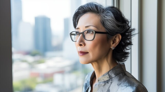 mature optimistic asian businesswoman woman female executive CEO in corporate modern office thinking contemplating and looking out window skyscraper cityscape daytime 
