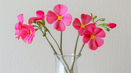  a glass vase filled with pink flowers on top of a wooden table with a white wall in the back ground.
