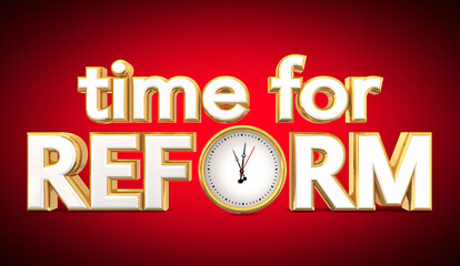 Time for Reform Clock Make a Change Improve Transform Red Background 3d Illustration - obrazy, fototapety, plakaty