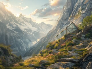 A mountain landscape with a small cabin in the middle. The cabin is surrounded by a lush green garden and is situated on a rocky hillside. Concept of tranquility and serenity, as the cabin - obrazy, fototapety, plakaty