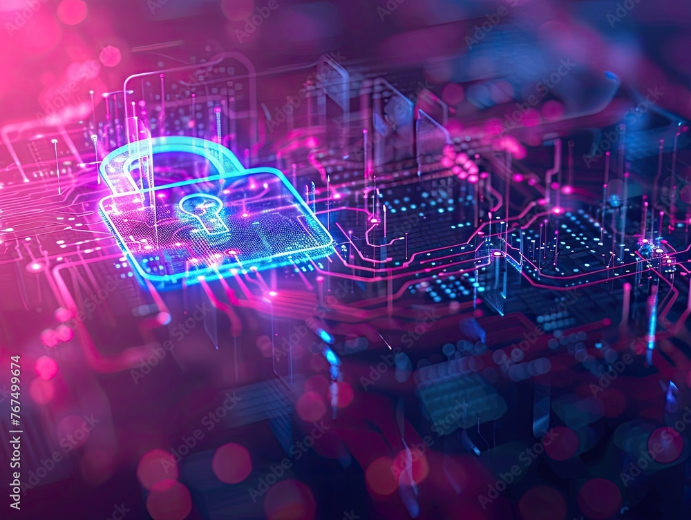 Poster cybersecurity concept with a neon lock symbol on a digital background emphasizing protection and enc