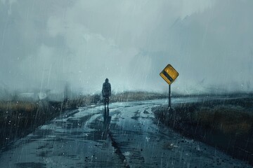 A scene of a lone figure standing in the rain at a crossroads where the road signs point to nowhere - obrazy, fototapety, plakaty