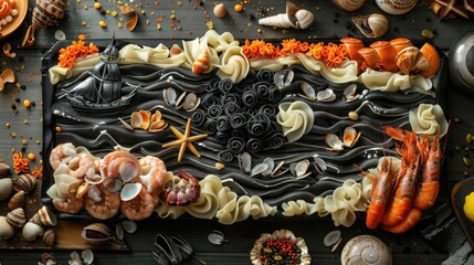 A seafood platter arranged to depict a sea battle with squid ink pasta seas and shellfish ships - obrazy, fototapety, plakaty