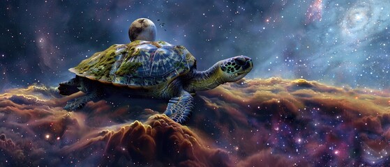 A turtle carrying a world on its back slowly drifting through a tranquil part of the galaxy - obrazy, fototapety, plakaty