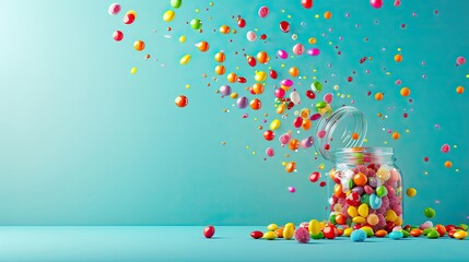 A vibrant explosion of assorted candies pouring out of a vintage jar against a pastel background