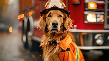 A Golden Retriever dressed as a firefighter complete with a helmet and hose