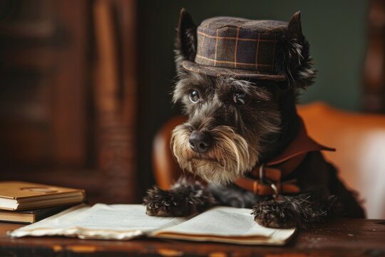 A Scottish terrier dressed as a vintage newspaper reporter with a press hat and notepad