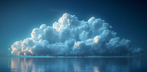A cumulus cloud hovers peacefully over the tranquil lake, creating a beautiful natural landscape with the sky and horizon in the background