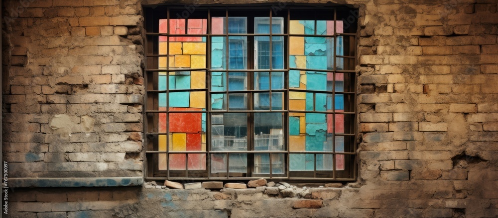 Poster a building with a brick facade features a stained glass window behind bars, creating a unique fixtur