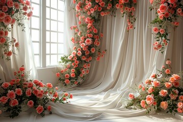 A room adorned with an abundance of colorful flowers, abundant green plants, and a picturesque...