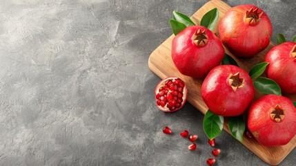  a cutting board topped with pomegranates on top of a wooden cutting board next to a cut in half pomegranate.