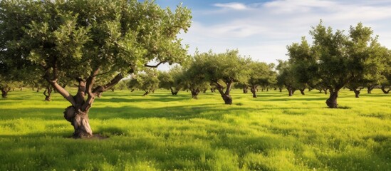 A row of olive trees standing tall in a lush green field under a clear blue sky, creating a...