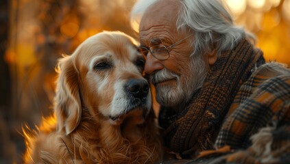 A happy elderly man is gazing fondly at his golden retriever, a beloved companion dog with a fawncolored coat and a friendly snout