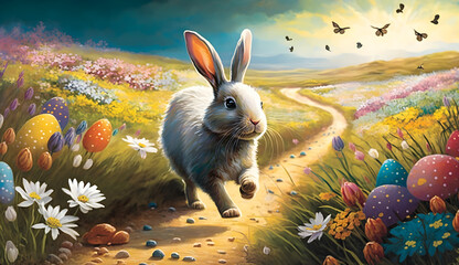 Embracing the essence of Easter with an elaborate depiction of a lively bunny playing among a sea of colorful wildflowers, dropping Easter eggs along the way to spread happiness and joy. - obrazy, fototapety, plakaty