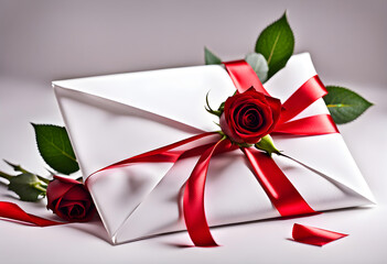 White envelops tied with elegant red ribbon and natural fresh wet red rose