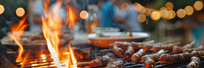 close up of the grill, with flames and meat on it, generative AI - obrazy, fototapety, plakaty