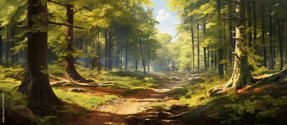 Poster a painting capturing a serene path winding through a lush forest, with sunlight filtering through th