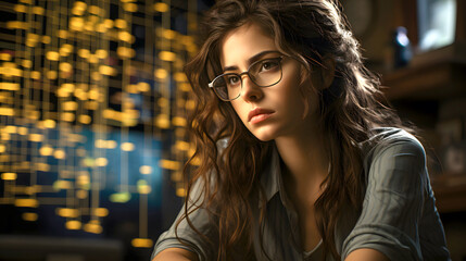 portrait of a beautiful young woman in glasses against the background of switched-on lamps