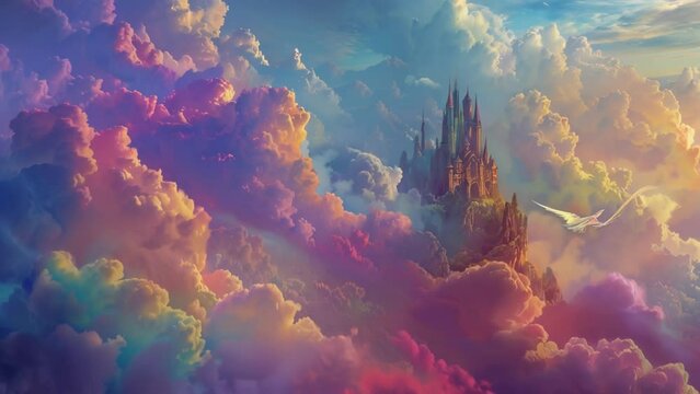 High up in the clouds a wise fairy tells stories of mythical creatures and magic through colorful clouds that take the shape of castles and dragons.
