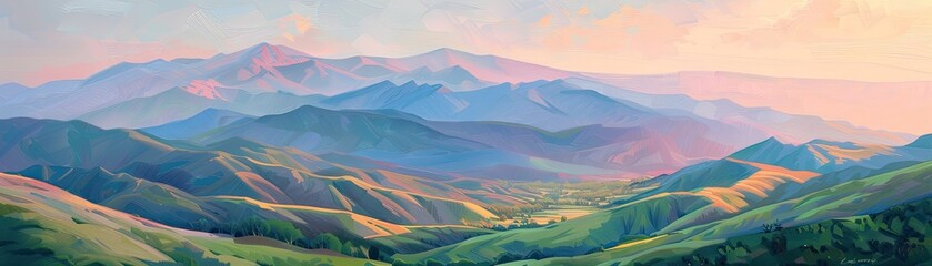 serene pastel mountain range with soft morning light casting gentle shadows across the valleys - obrazy, fototapety, plakaty