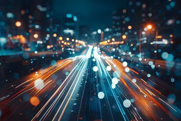 Fotobehang Busy city highway at night with blurred car lights in a long exposure shot creating an abstract lighting effect. Concept Night Photography, Long Exposure, Cityscape, Abstract Lighting © Anastasiia