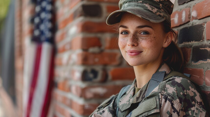 portrait of a girl soldier near a brick wall with an American flag.