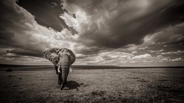  a black and white photo of an elephant standing in a field with a cloudy sky in the background and clouds in the sky.