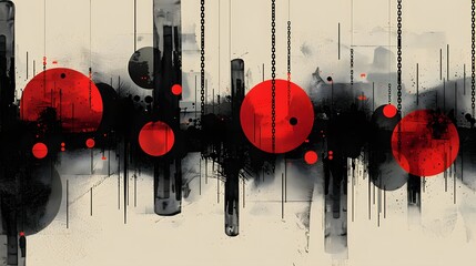 Obraz premium Abstract Art with Red Circles and Black Chains: A Modern Urban Decor Piece for Contemporary Art Enthusiasts