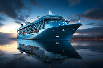 large luxury cruise ship cruises the ocean in the evening along its cruise route. sea ​​recreation and tourism.