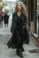 Fototapeta premium Old elderly beautiful woman with gray hair dressed trendy clothes fancy boots and accessories walking down the crowded street in the summer. Senior street fashion