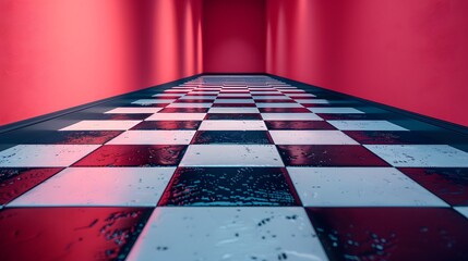Obraz premium Strategic Chess Board Floor: Mysterious, Wet, and Illuminated