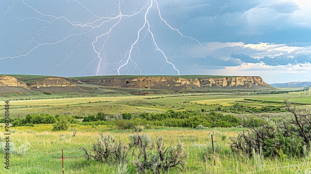 Poster a large field of grass with a mountain in the background and a lightning bolt in the sky over the to