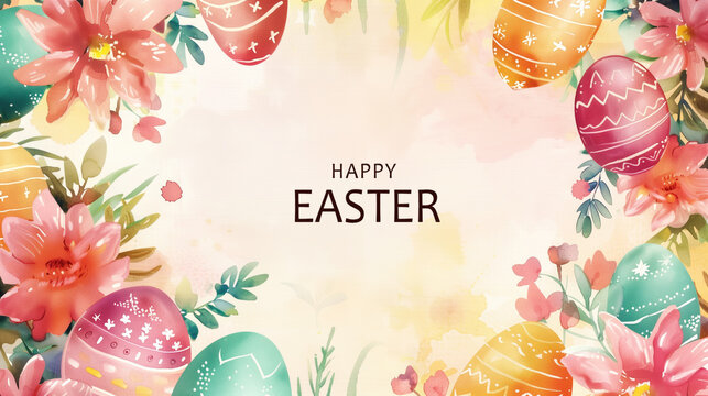 Watercolor Easter card with colorful eggs and spring flowers. Happy Easter banner. AI generative.