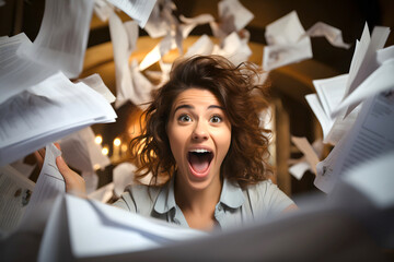 emotional business woman in the office among a large number of flying papers and documents. deadline. concept of workload and solving business issues during working hours
