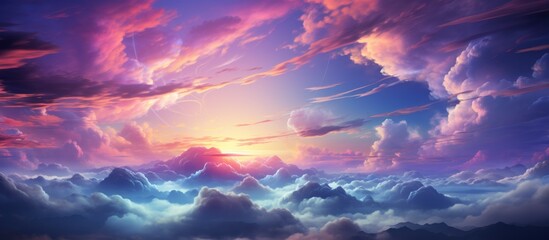 Beautiful sunset above the clouds. Panoramic view of the sky.