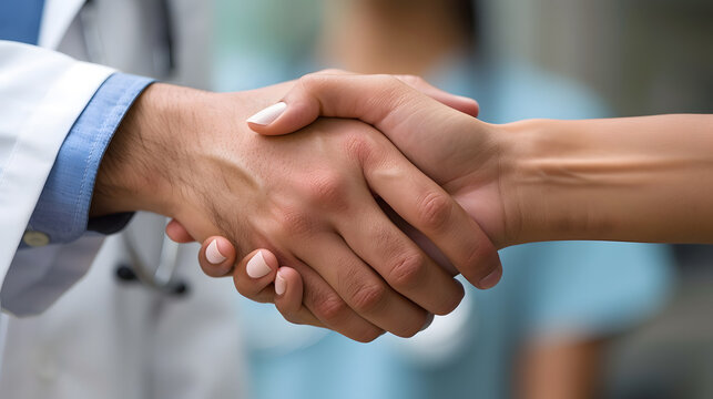 The doctor and nurse engage in a warm greeting with a handshake, their hands clasping firmly. Their electric blue scrubs sleeves brush against each other as they exchange a friendly gesture