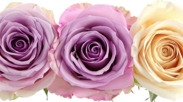  a close up of three different types of flowers on a white background with one pink and one yellow rose in the center.