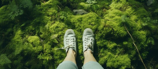 A persons legs in shorts dangle over a lush green forest, their feet hovering above the terrestrial plants and grass below, creating a serene gesture in this natural landscape - obrazy, fototapety, plakaty