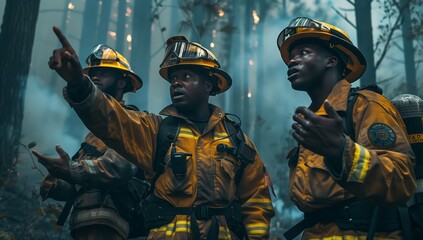 A squad of firefighters in personal protective equipment and helmets are standing in the darkness of a forest, observing a fire event as part of a training exercise - obrazy, fototapety, plakaty