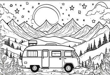 a line drawing cartoon coloring book style unbranded fictional camper van camping in the forest. rv. recreational vehicle. motorhome.  Fifth wheel. travel trailer
