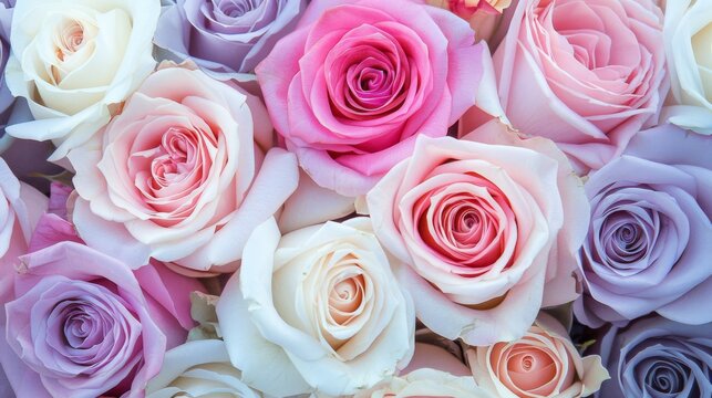  a close up of a bunch of pink, purple, and white roses with one pink rose in the middle.