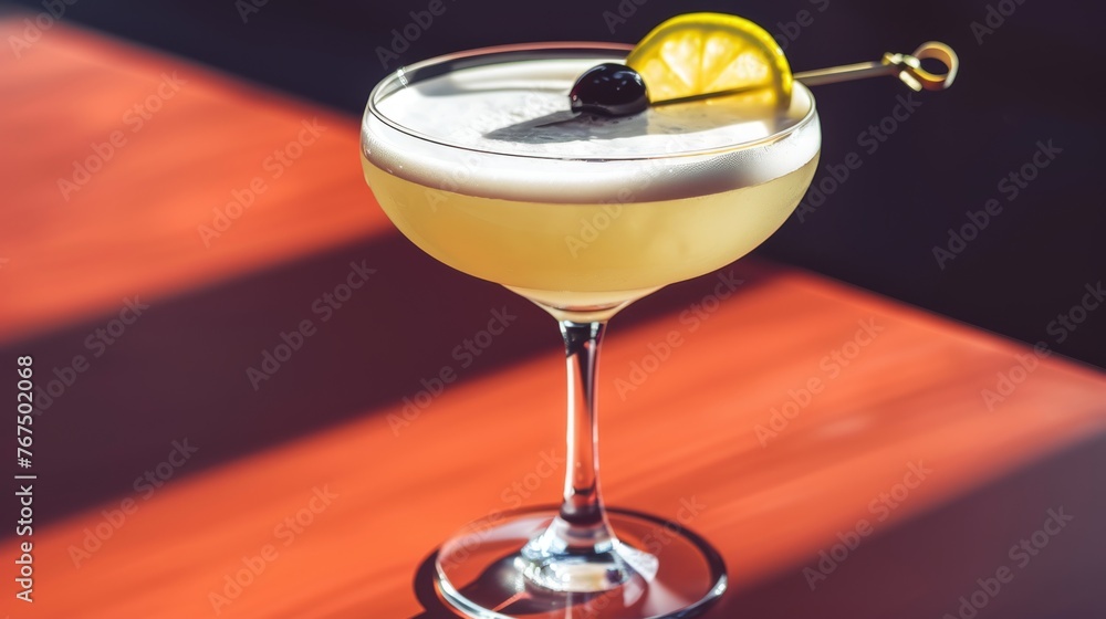 Poster a close up of a drink on a table with a slice of lemon and an olive on the top of the glass.
