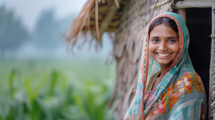Indian Village Woman standing outside her Hut - obrazy, fototapety, plakaty