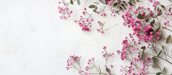 A flower arrangement of pink gypsophila flowers and eucalyptus branches on a white surface, displayed from above with space for text.