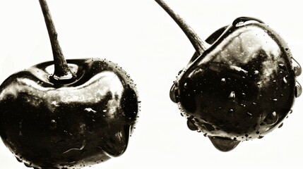  a black and white photo of two cherries with drops of water on them, one of them has a bite taken out of it. - obrazy, fototapety, plakaty