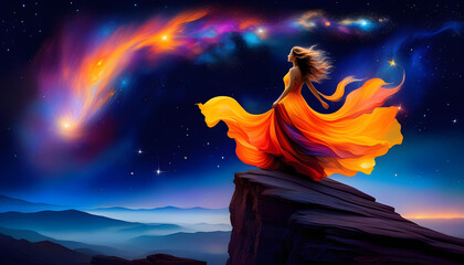 A digital art piece of a woman with a cosmic dress on a cliff under the starry night sky.