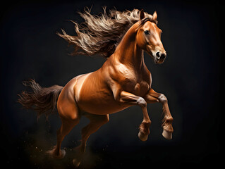 purebred muscular horse jumps on a dark background. mammal. biology and fauna.