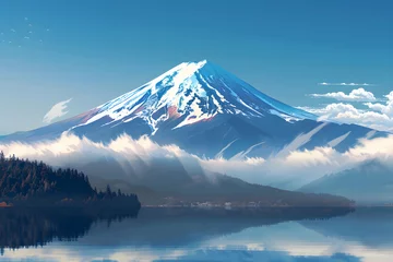 Crédence de cuisine en plexiglas Bleu Jeans 日本画らしい富士山の絵