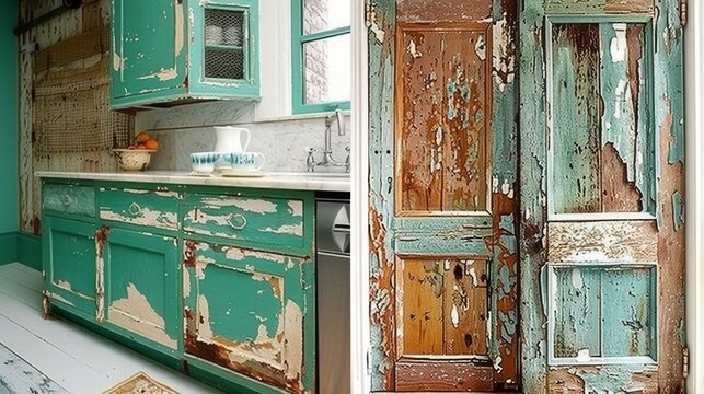  two pictures of a kitchen with peeling paint on the doors and the inside of the cabinets with peeling paint on the doors.